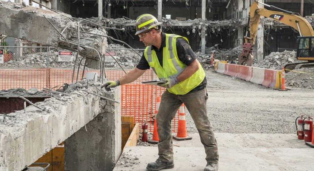 Worker assessing structural conditions before demolition begins