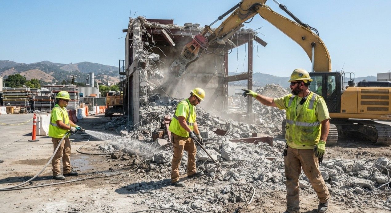 Heavy equipment clearing debris from a demolition site