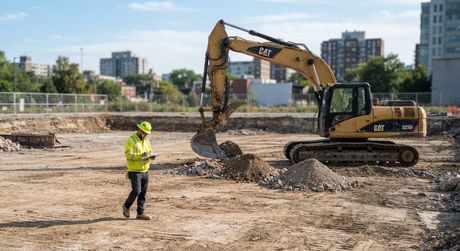 Excavator performing site preparation and earthmoving work