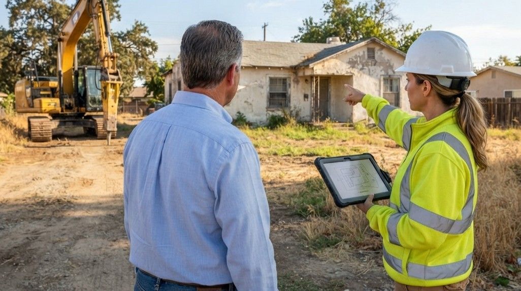 Property owner speaking with a demolition contractor during a site visit
