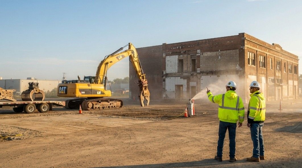 Professional demolition worker inspecting equipment before site work