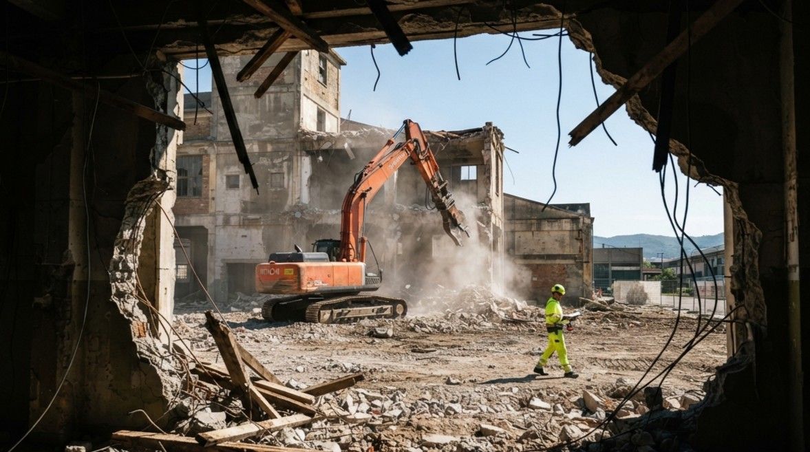 Crew evaluating site conditions while demolition equipment operates