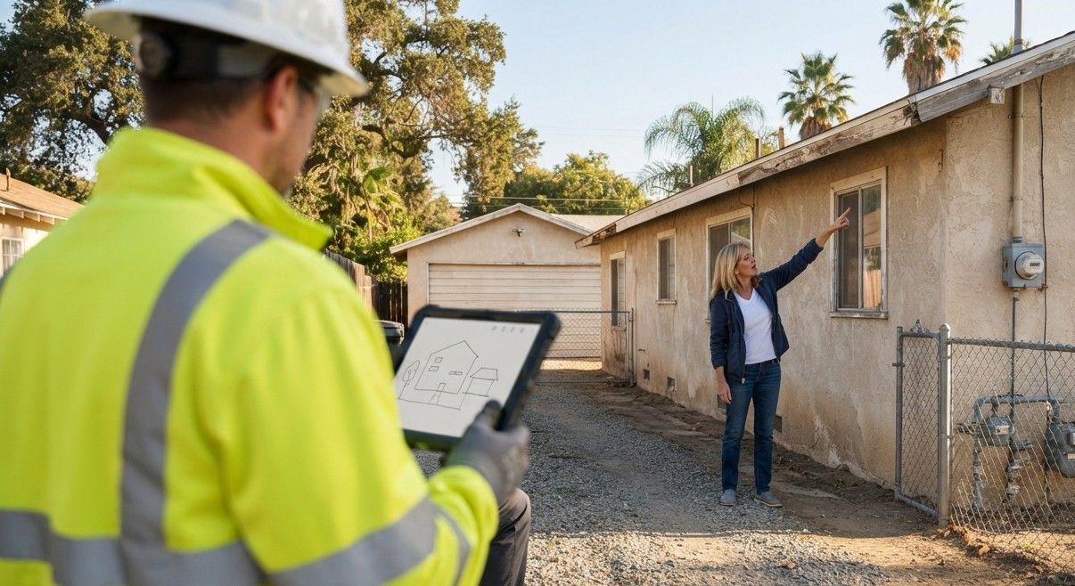Demolition worker reviewing project needs with a homeowner
