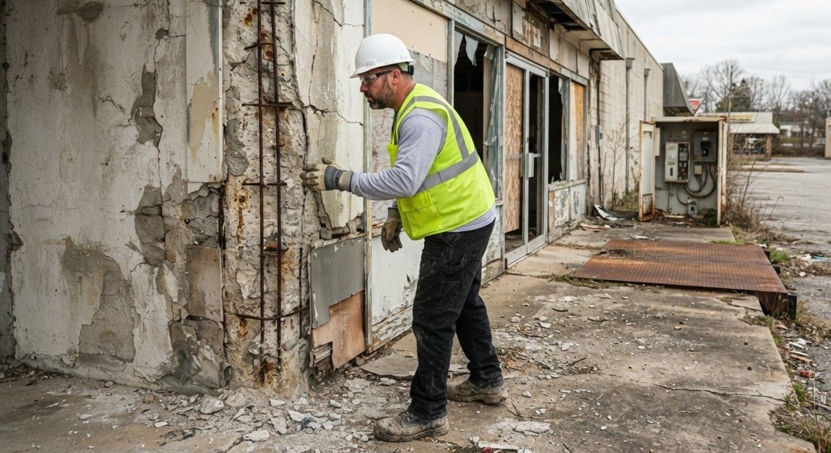 Demolition workers inspecting progress at an active project site