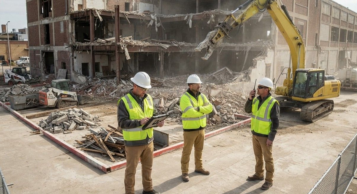Professional workers checking site safety during demolition operations