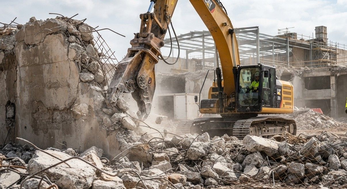 Commercial demolition crew working with heavy equipment