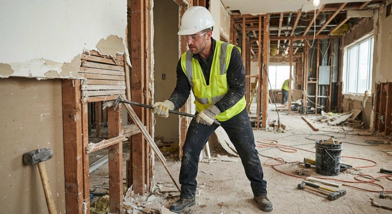 Workers performing controlled indoor demolition in Tulare, CA