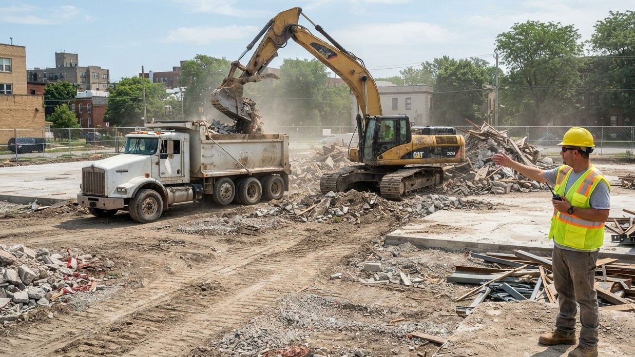 Workers monitoring site conditions during controlled structural demolition