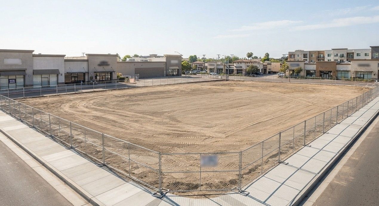 Completed commercial demolition site with cleared open ground