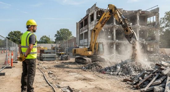 Excavator performing controlled structural demolition in Tulare, CA