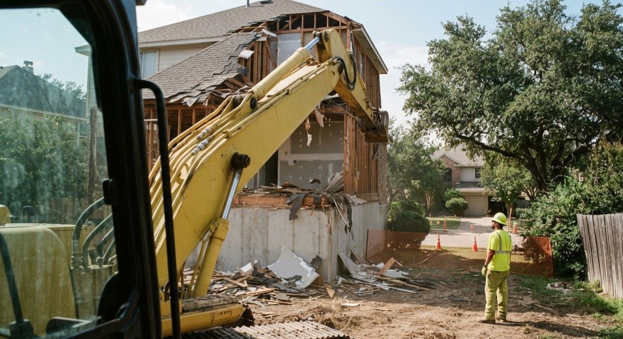 Demolition professionals checking structural conditions while work continues
