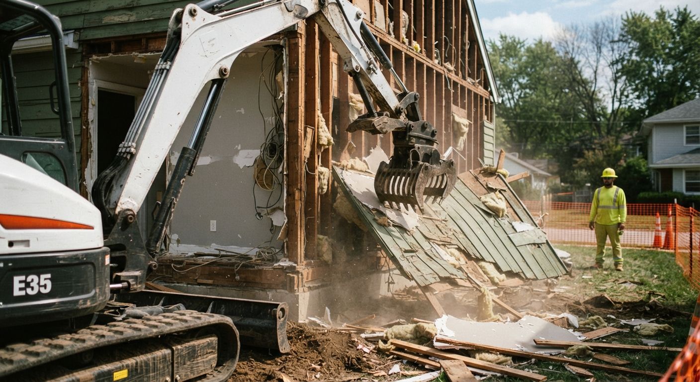 Workers reviewing site conditions during a residential demolition project