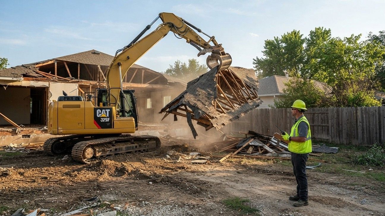Demolition crew inspecting the job site while structural removal is underway