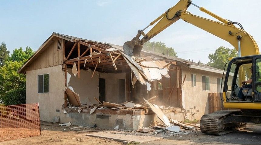 Residential house demolition project in progress in Tulare
