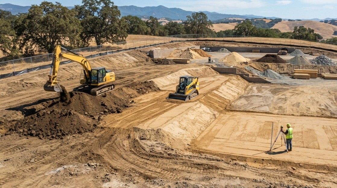 Excavation crew actively grading a property in Tulare