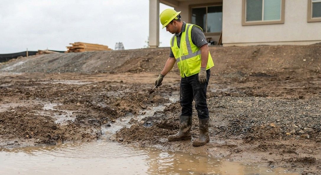 Excavation worker checking site conditions before digging begins