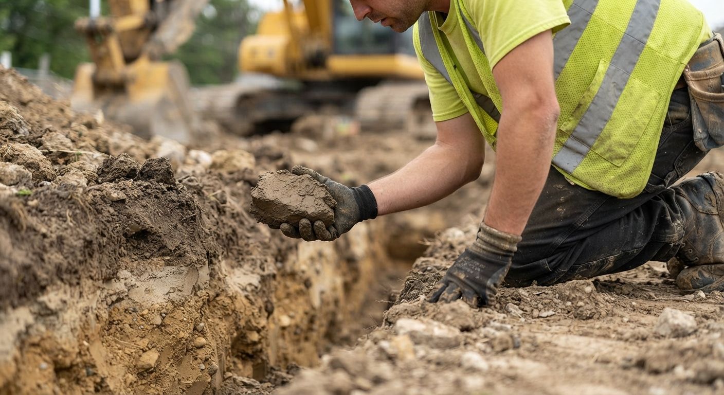 Excavation crew inspecting ground conditions before starting work
