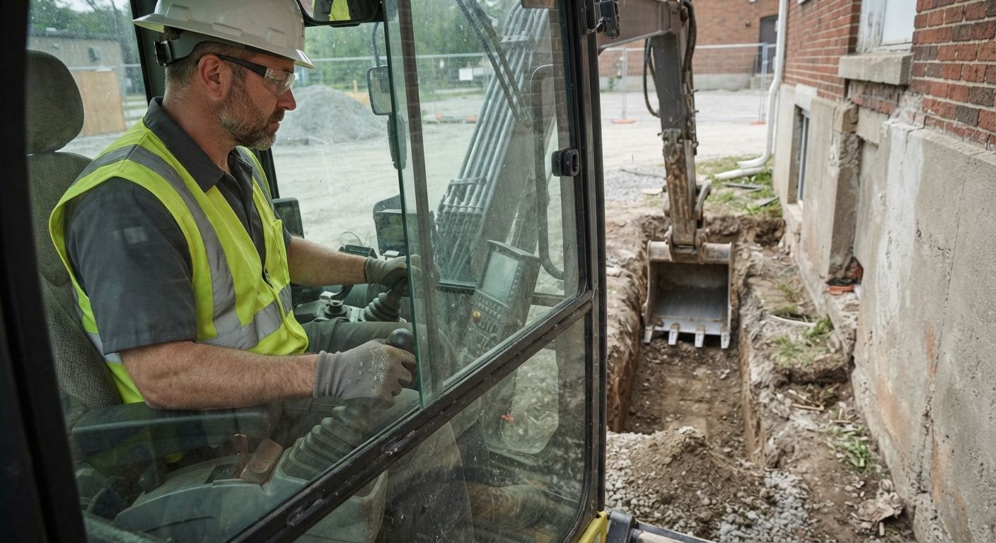 Worker operating heavy equipment during excavation work