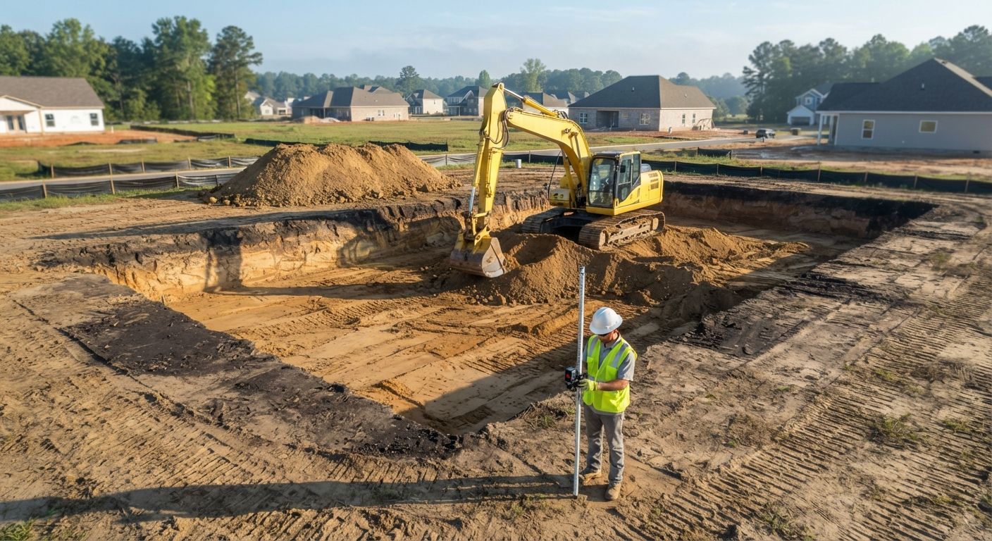 Crew inspecting uneven ground before grading and excavation