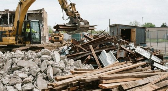 Commercial building demolition performed with heavy equipment