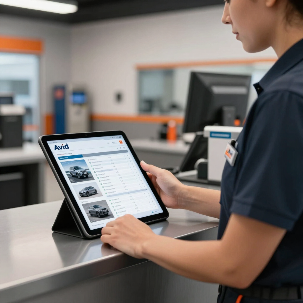 Person using a tablet at a store counter, viewing a vehicle listing on the screen.