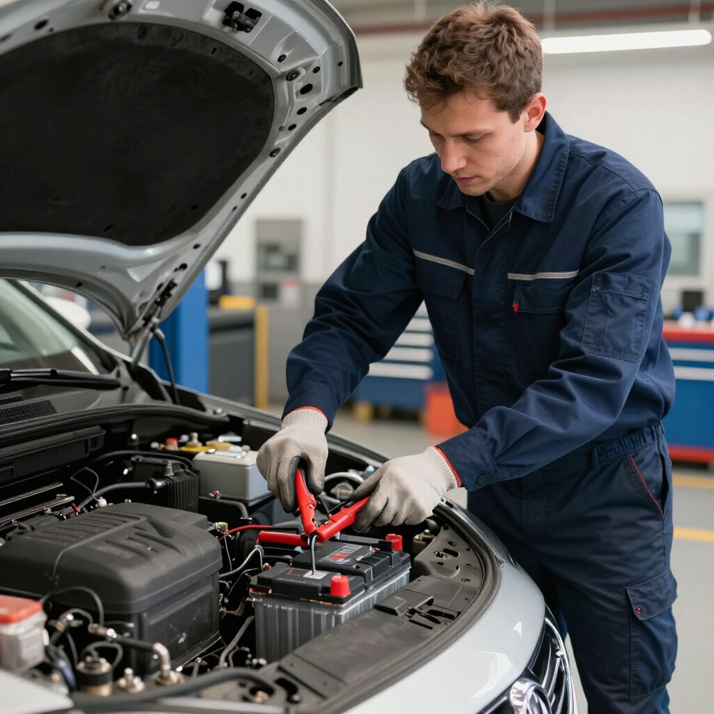 Mechanic using a jump starter on a car battery with the hood open in a garage
