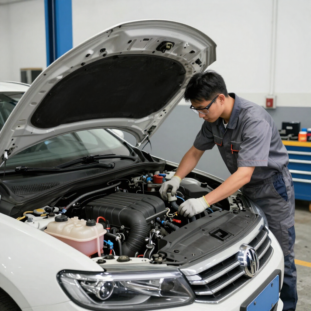 Mechanic inspecting a car engine with the hood open in a garage