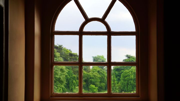 Wooden arched window framing a lush green forest outside.