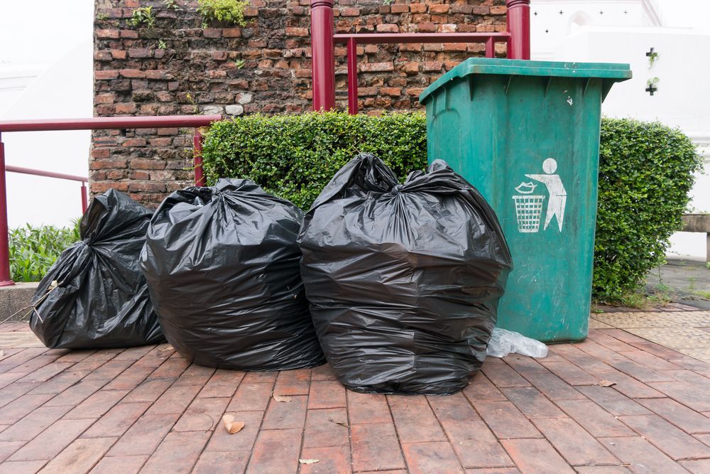 Three Black Trash Bags Next to a Green Trash — Tamworth Skips and Rubbish Removal in Moonbi, NSW