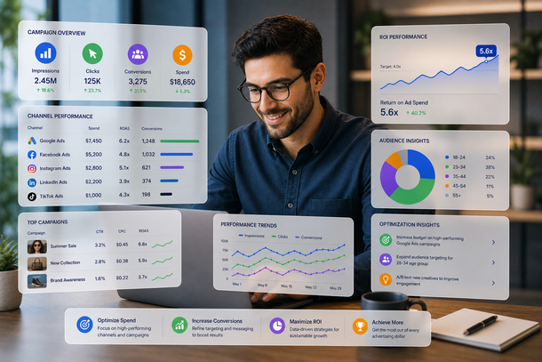 Analytics dashboard with charts and tables beside a man smiling at a desk, in a modern office