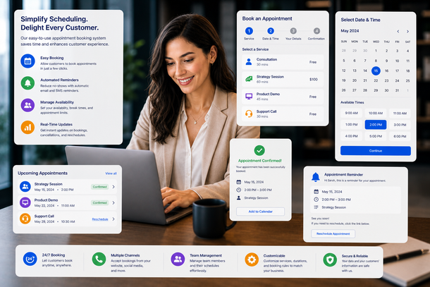 Smiling woman at desk with floating app dashboards and calendar on a laptop screen