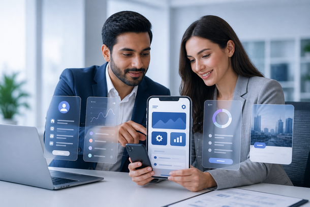 Two coworkers review a smartphone dashboard beside a laptop in a bright office