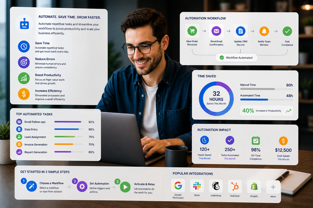 Businessman smiling at laptop with floating analytics dashboards and colorful charts in a modern workspace