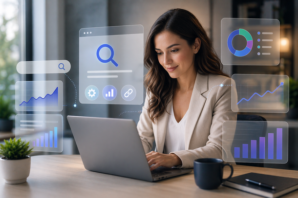Professional woman working on a laptop at a desk with floating analytics charts and graphs in the background