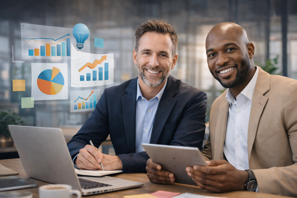 Two professionals discussing charts and data at a laptop and tablet in an office