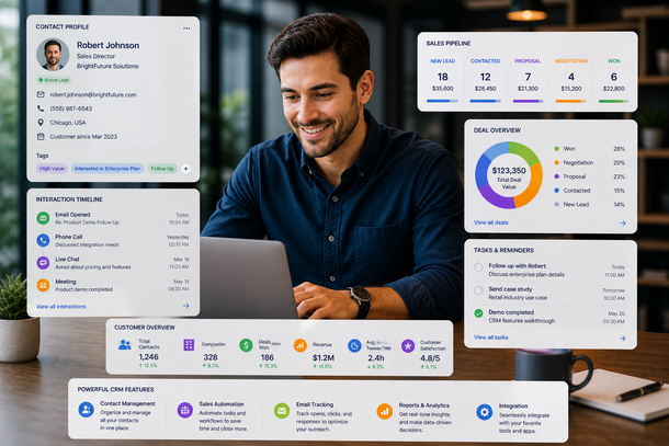 Person smiling at laptop with floating analytics dashboard cards in a modern office setting
