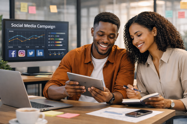 Two coworkers smiling over a tablet at a desk, with a social media campaign chart on a screen behind them