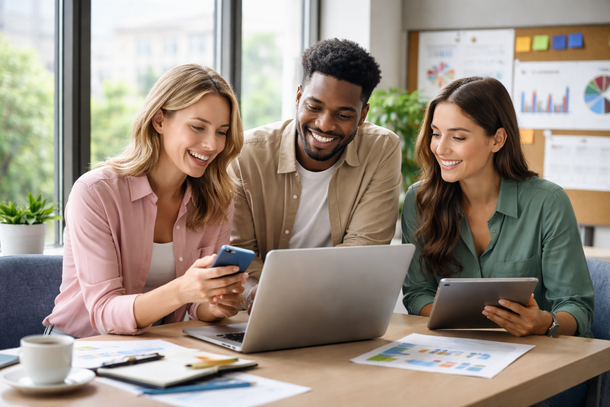 Three coworkers smiling around a laptop in a bright office, reviewing charts and notes