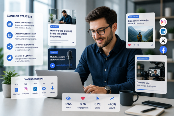 Man at desk reviewing floating app dashboard cards in a bright office, with analytics and social icons.
