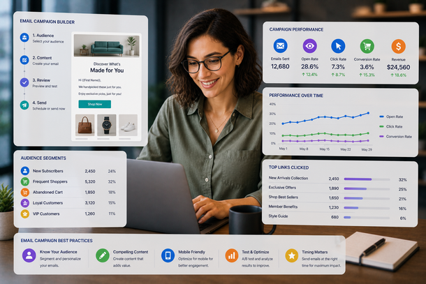 Woman using laptop with analytics dashboard overlays and colorful charts on screen