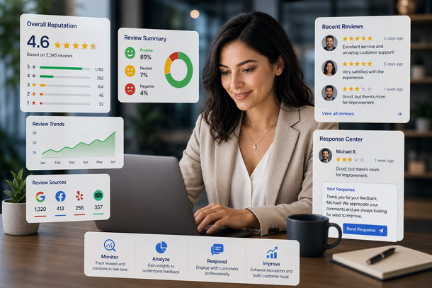 Woman working at laptop with floating analytics dashboard cards and charts around her