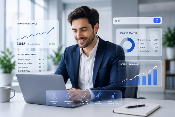 Smiling man in navy blazer using a laptop with floating analytics charts and dashboards on a desk