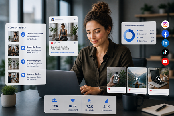 Businesswoman at a laptop with floating social media analytics dashboards and charts