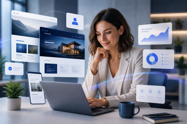 Woman working on a laptop at a desk with floating analytics charts and website mockups