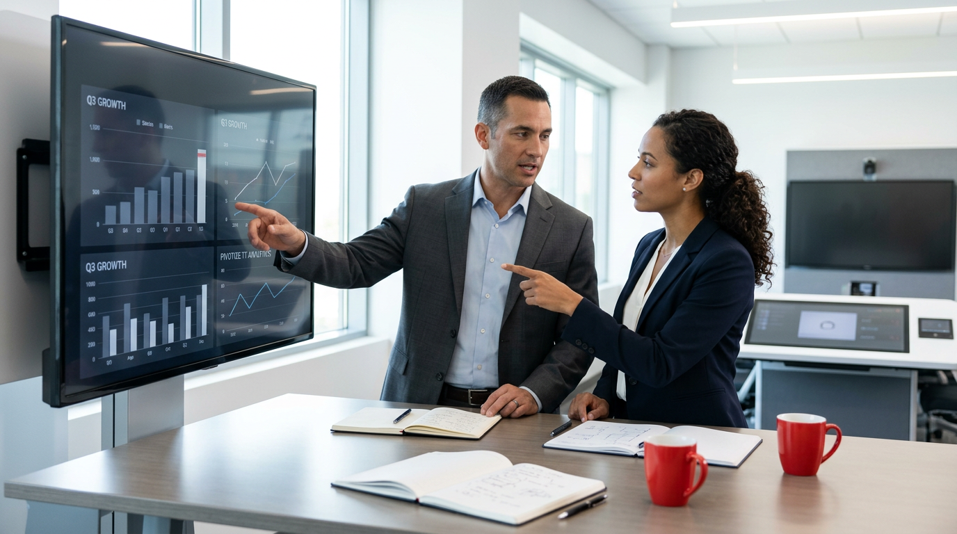 Two colleagues discuss charts on a wall-mounted screen in a bright office meeting room.