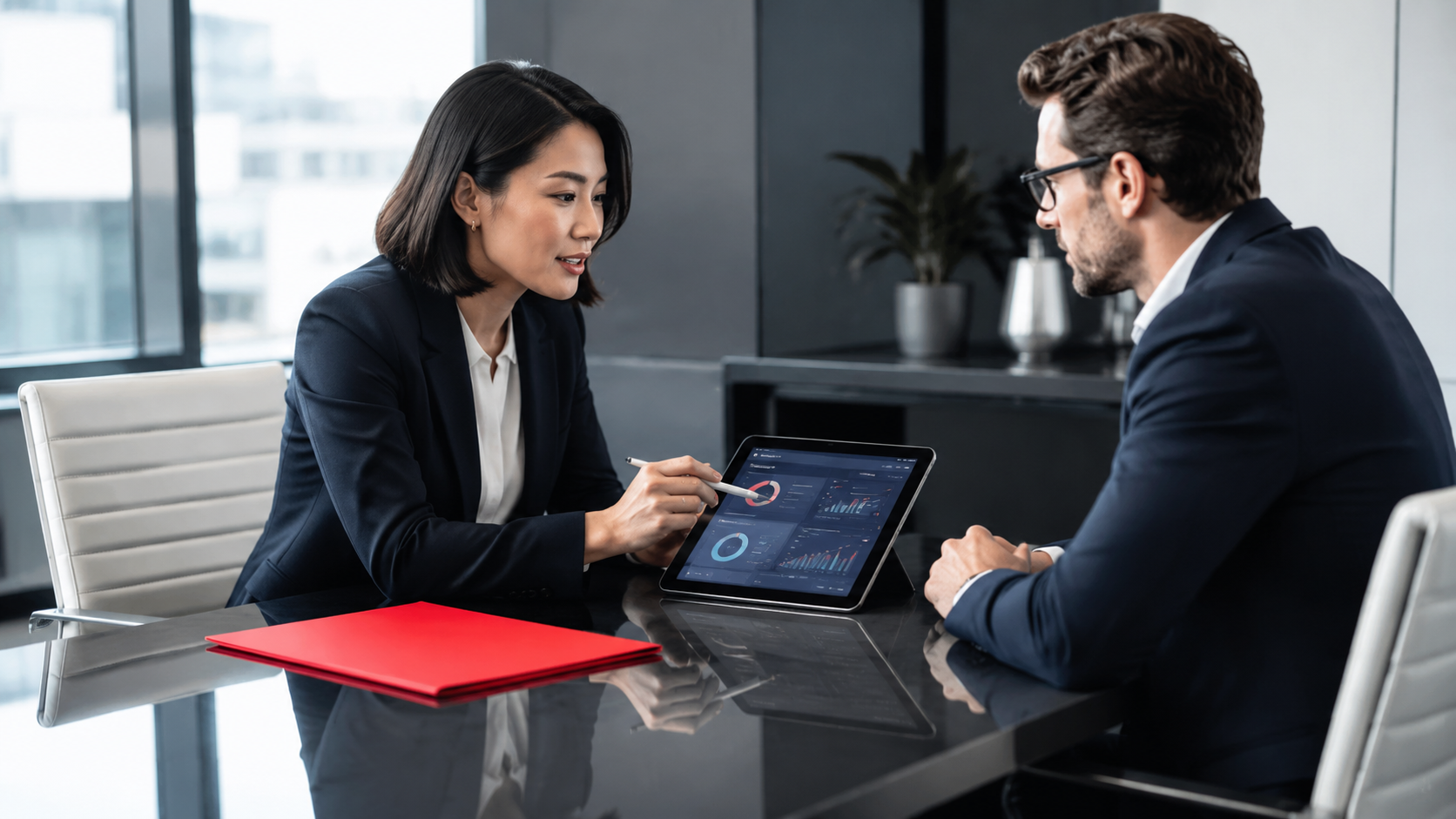 Two professionals discuss a tablet at a conference table in a modern office, with a red folder nearby.