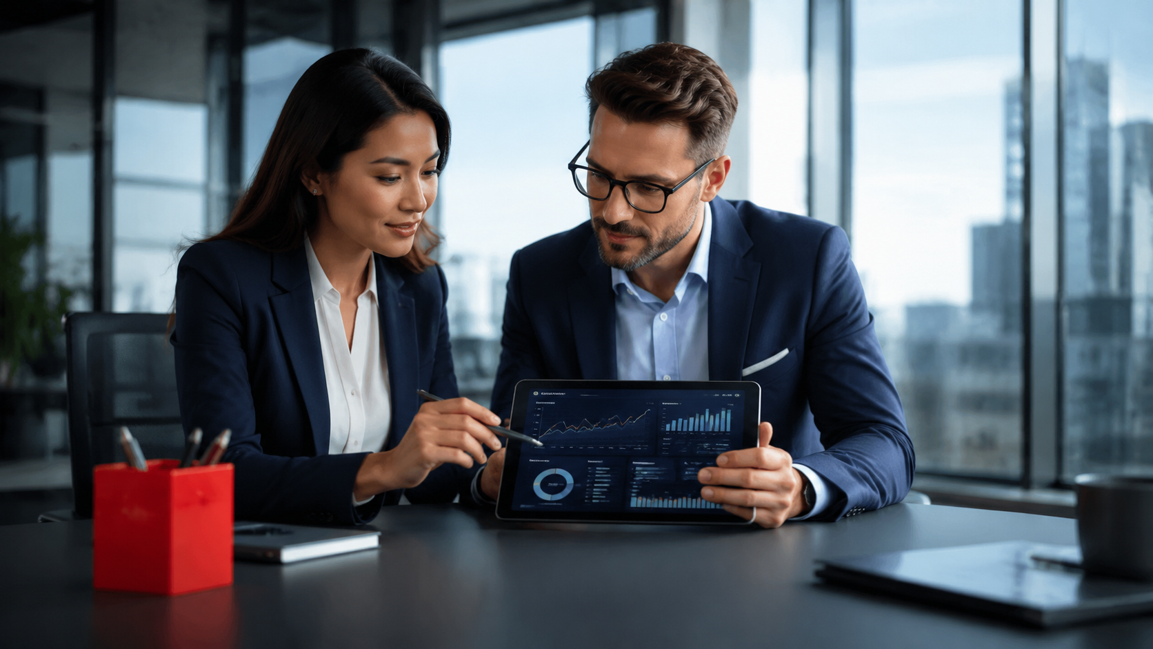 Two professionals reviewing data on a tablet in a modern office, with a red box on the table.