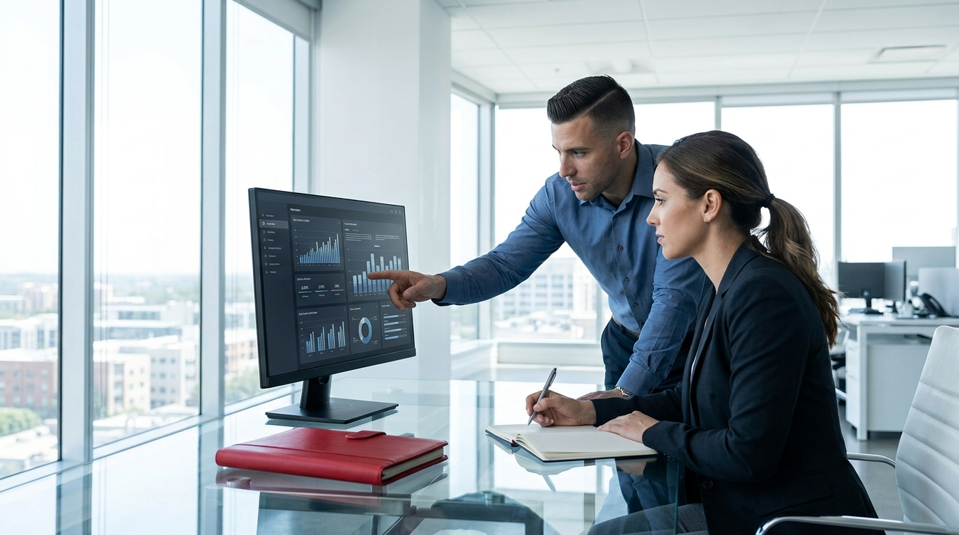 Two coworkers discussing a chart on a desktop monitor in a bright office