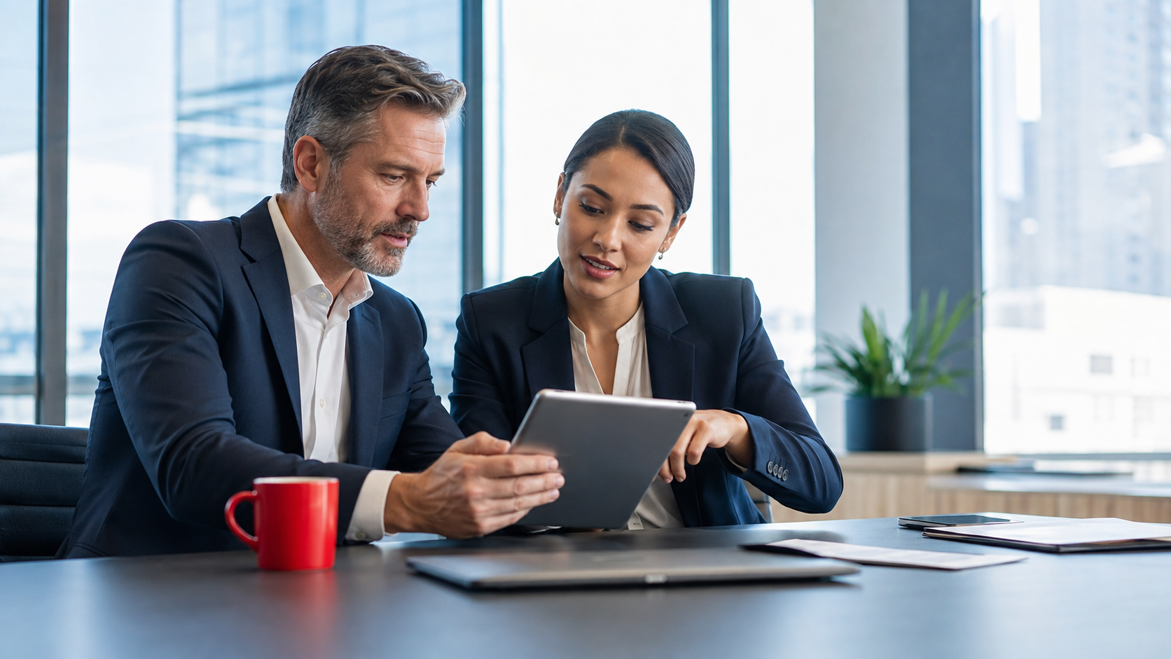 Two coworkers reviewing a tablet at a desk in a bright office, with a red mug nearby.