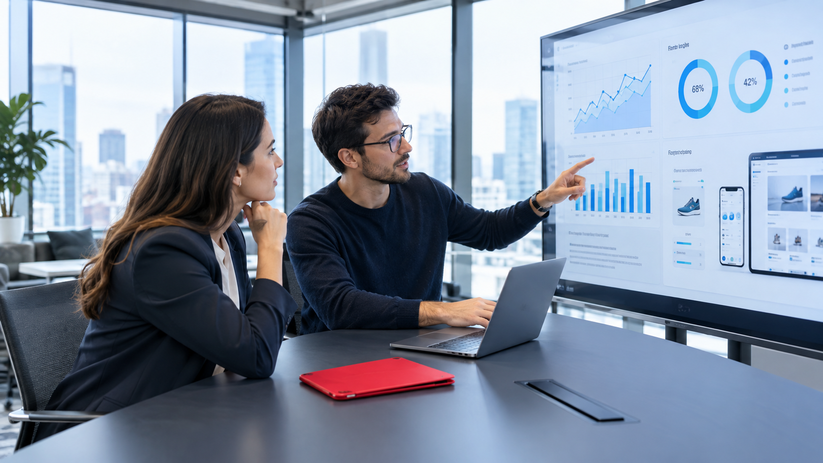 Two coworkers in a glass conference room review data on a large wall display